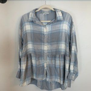 AMERICAN EAGLE Grey & Blue Plaid Flannel Blouse Button Front Top Size Sm